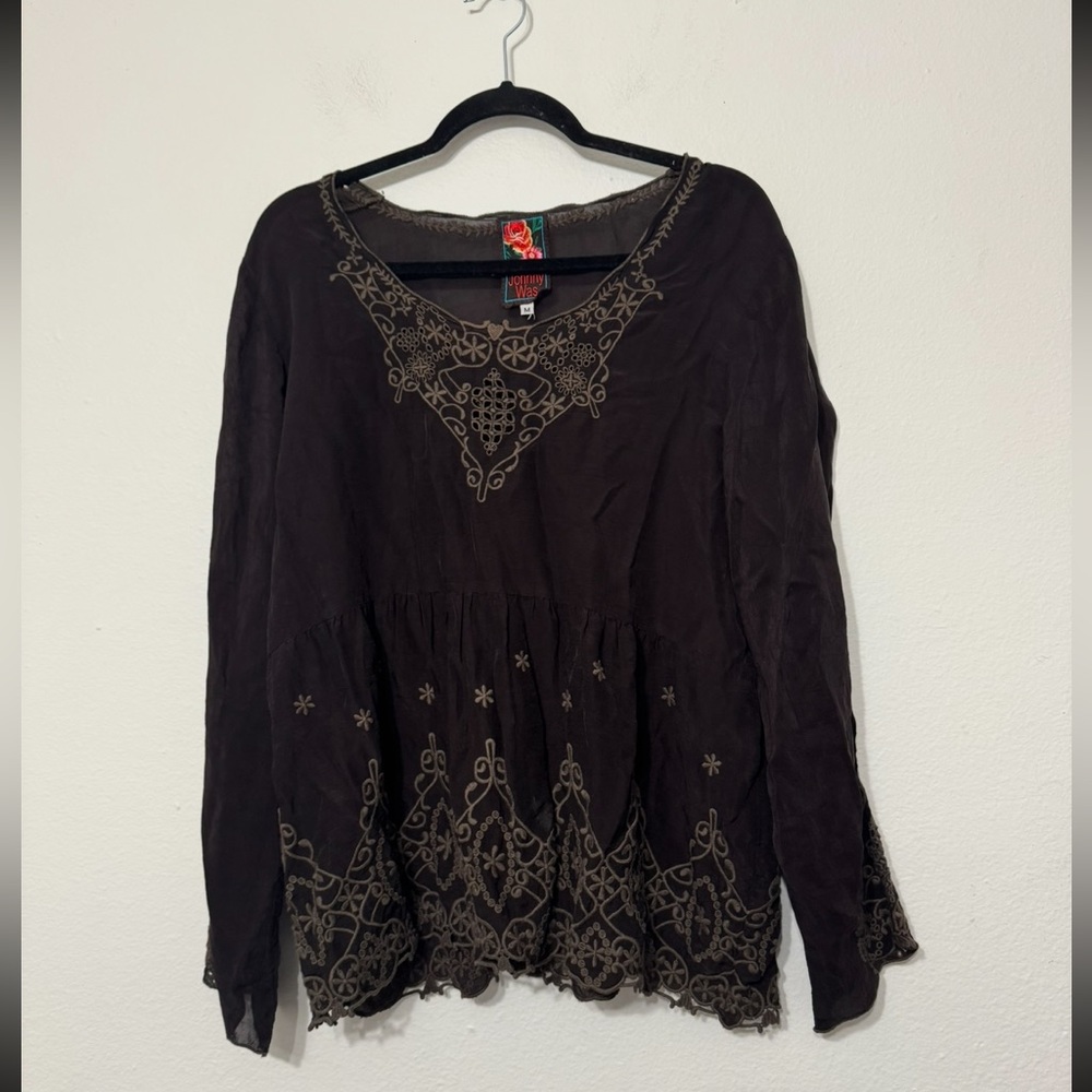Johnny Was Chocolate Brown Embroidered Blouse Medium